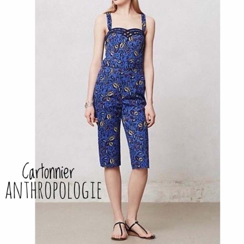 Anthropologie Cartonnier Blue Belted Floral Jumpsuit Size 6